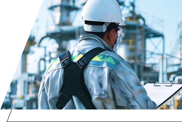 プラントの設備を背景に、作業員がクリップボードを手に指示を確認している様子。