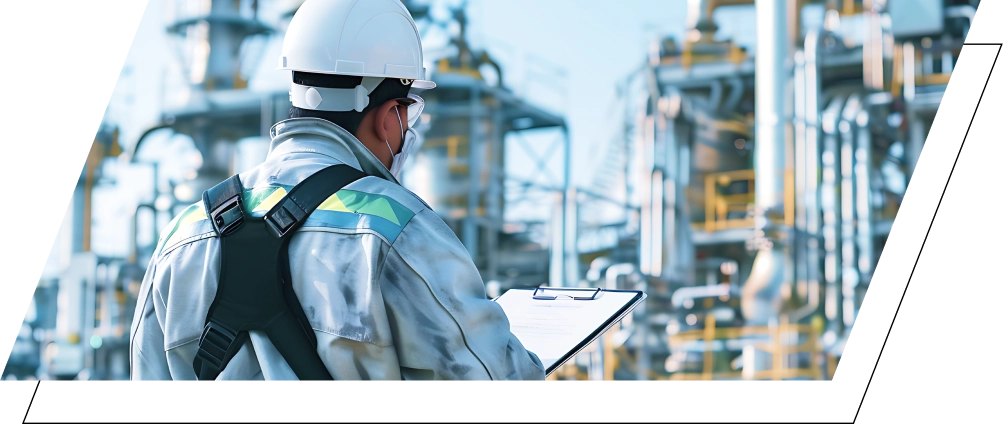 プラントの設備を背景に、作業員がクリップボードを手に指示を確認している様子。